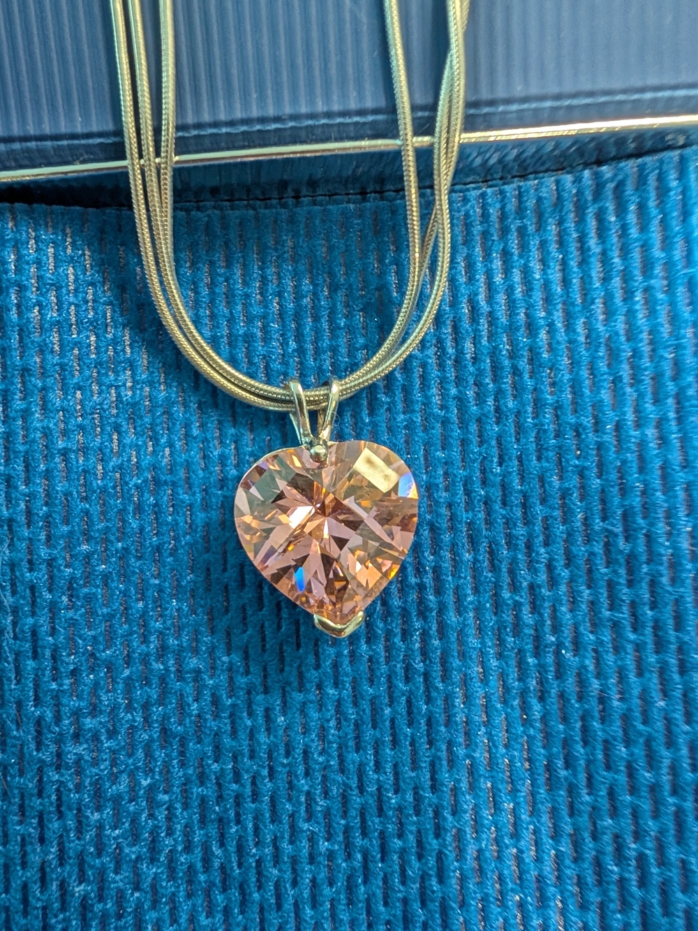 Pink Crystal Heart Shaped Pendant + triple chain 15.5" in 925 Sterling silver